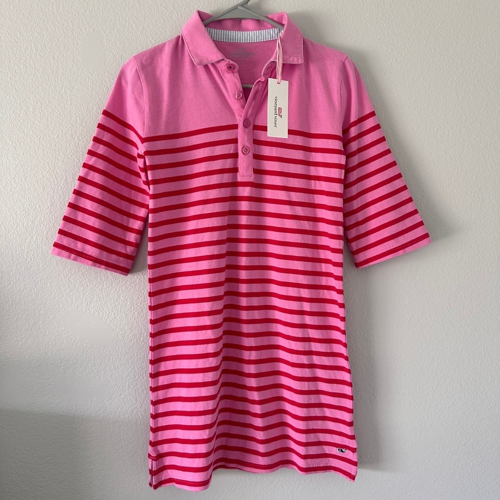 Vineyard Vines Girls Dress Size (L-14) Tea Rose Pink Striped 3/4 Sleeve Rugby
